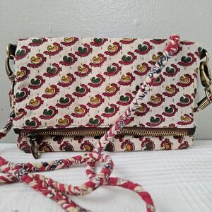 Sari Bari Kantha Fabric Zip Flap Top Crossbody Purse Ivory Burgundy